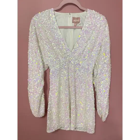 NEW Show Me Your Mumu Kidman Long-Sleeve Sequin Mini Dress in White Size Small